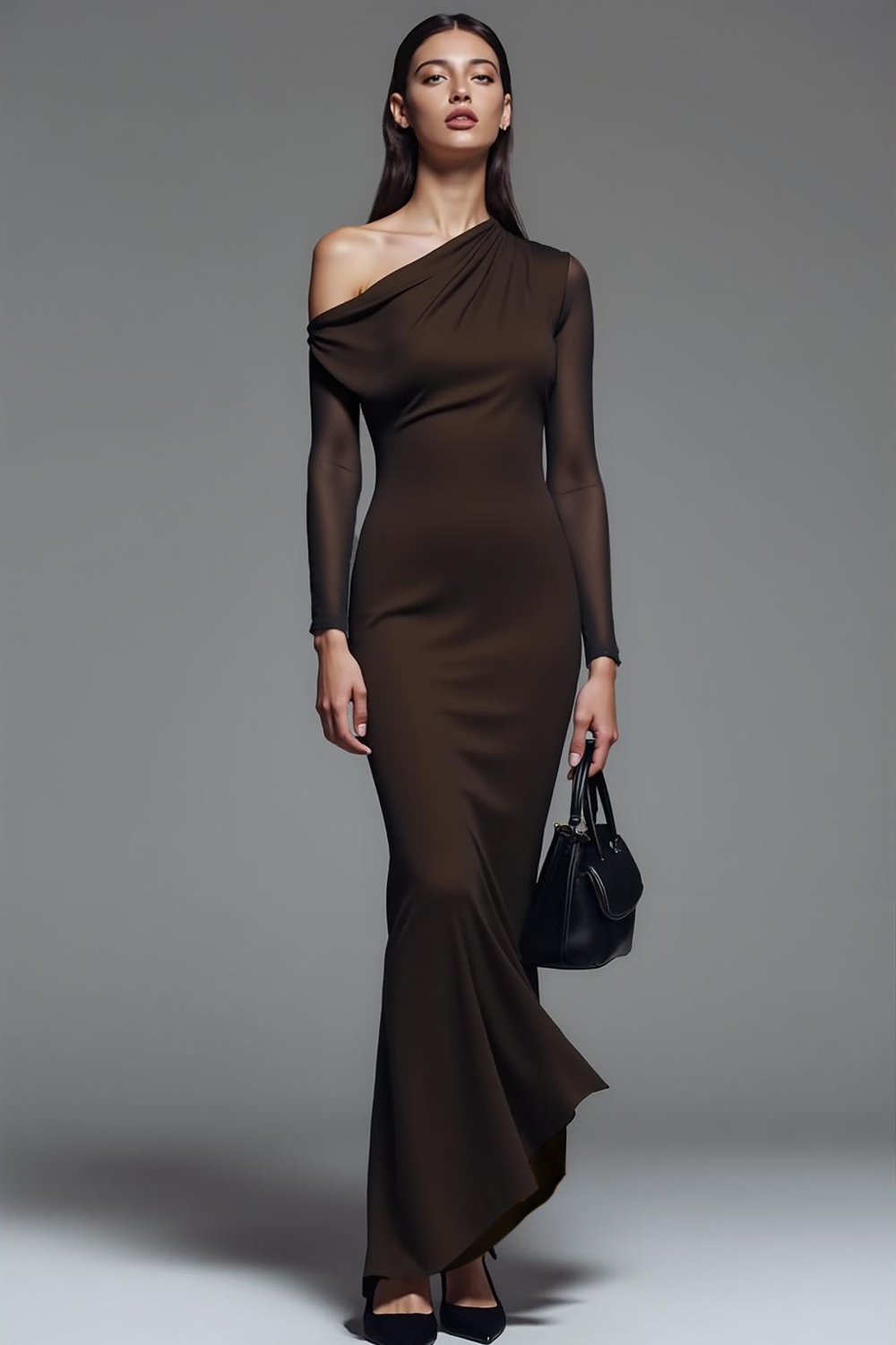Chocolate Chiffon Mermaid Long Evening Dress with Sleeves
