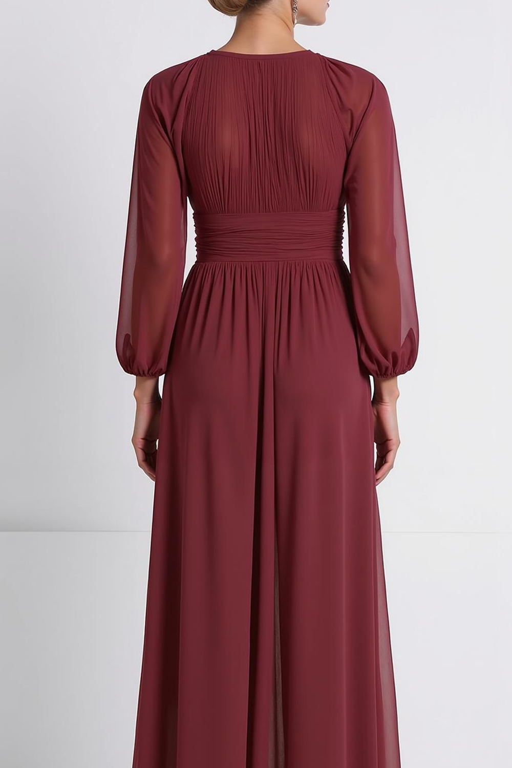 Burgundy Round Neck Flowy Chiffon Long Mother of the Bride Dress
