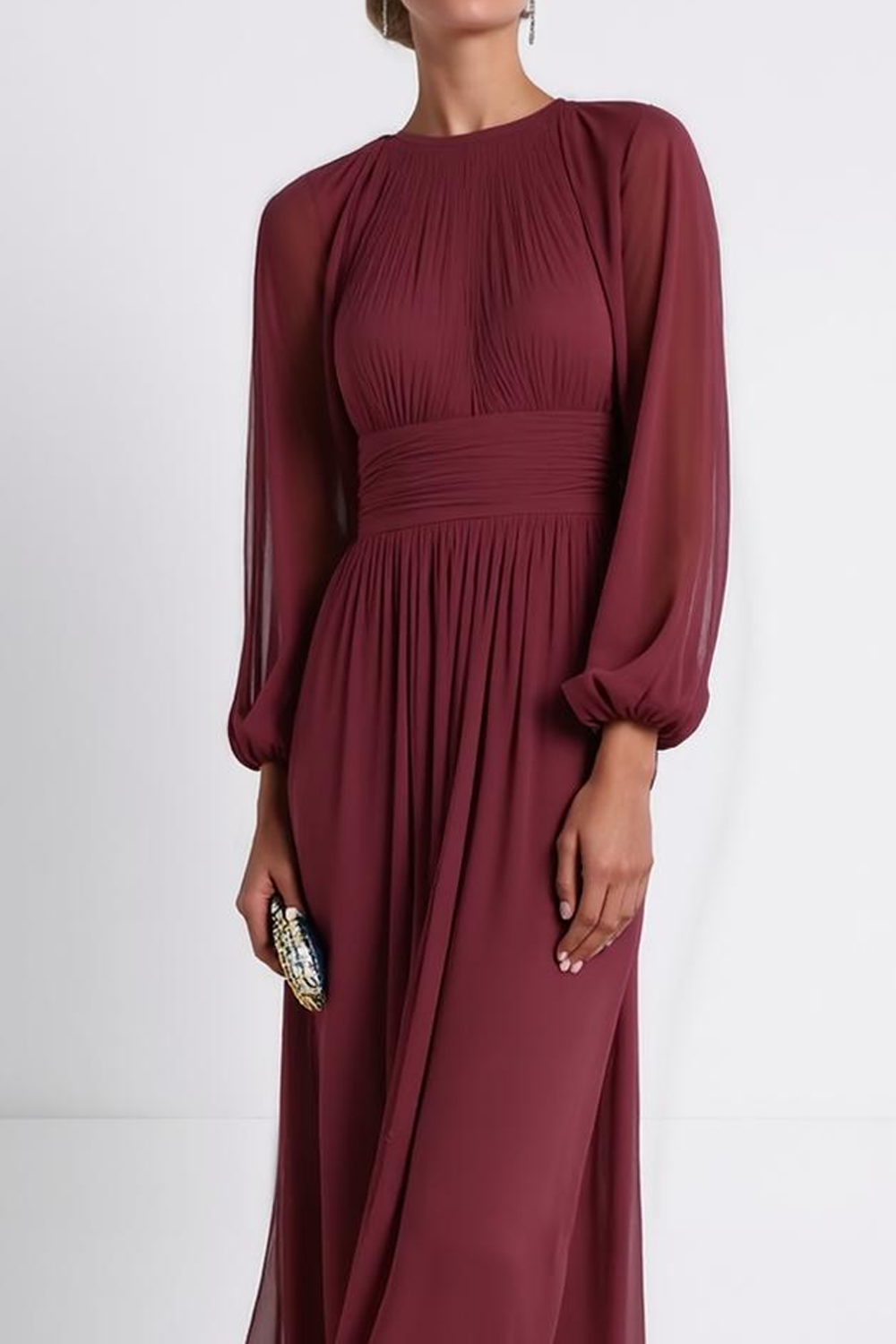 Burgundy Round Neck Flowy Chiffon Long Mother of the Bride Dress