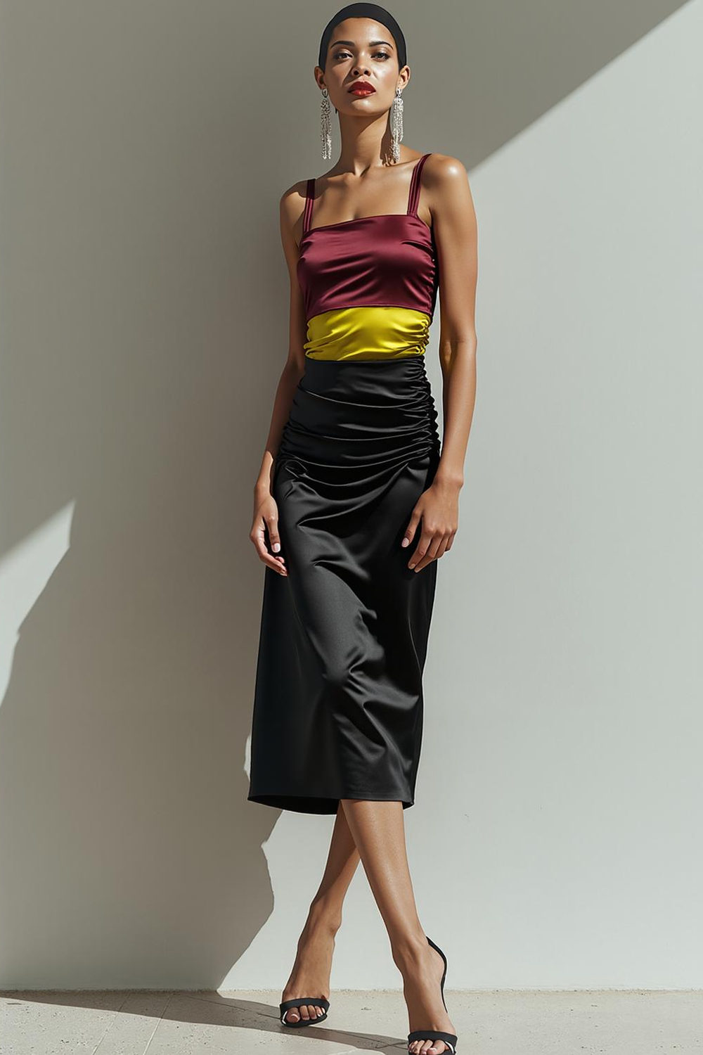 Black Patchwork Sheath Ruched Satin Midi Evening Dress