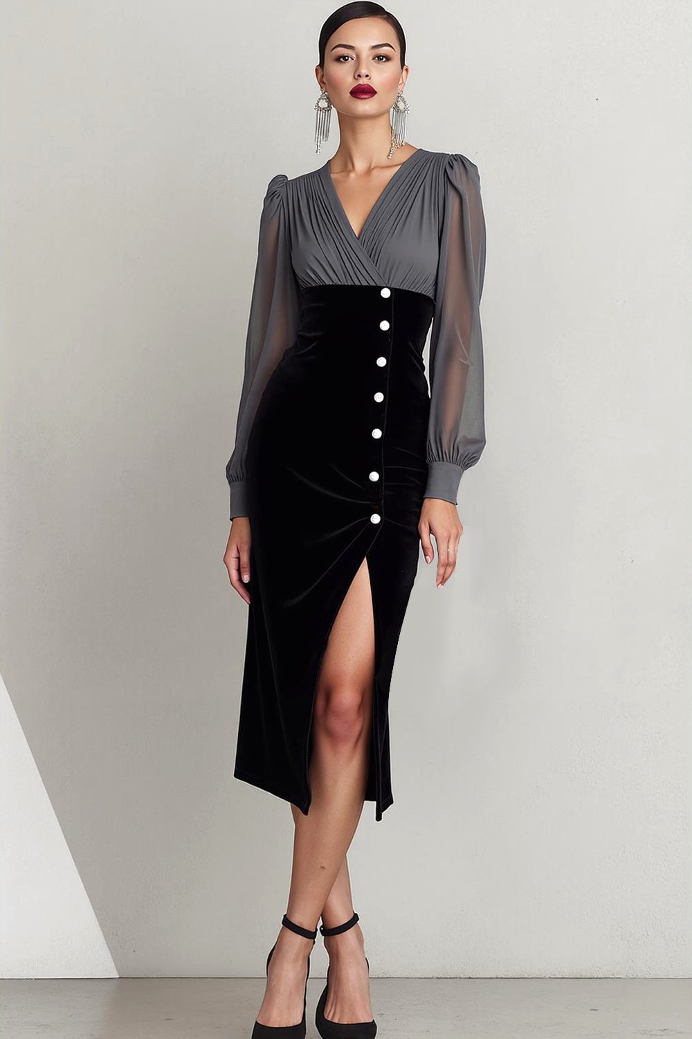 Grey Sheath Chiffon V-Neck Midi Evening Dress with Slit