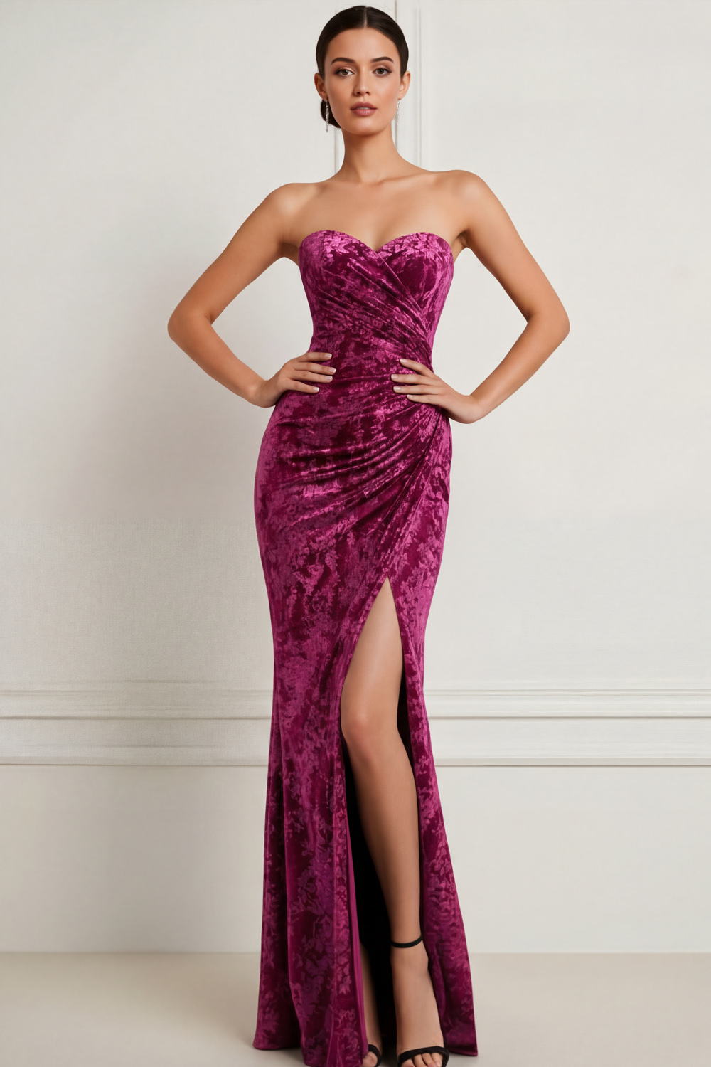 Dark Green Burnout Velvet Sweetheart Maxi Bridesmaid Dress with Slit