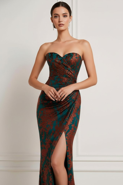 Dark Green Burnout Velvet Sweetheart Maxi Bridesmaid Dress with Slit