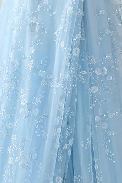 Light Blue Corset Floral Tulle Embroidered Maxi Prom Dress