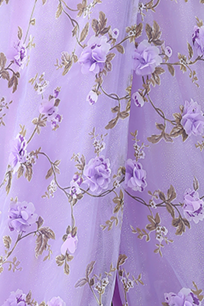 Lilac Floral One Shoulder Embroidered Long Prom Dress with Slit