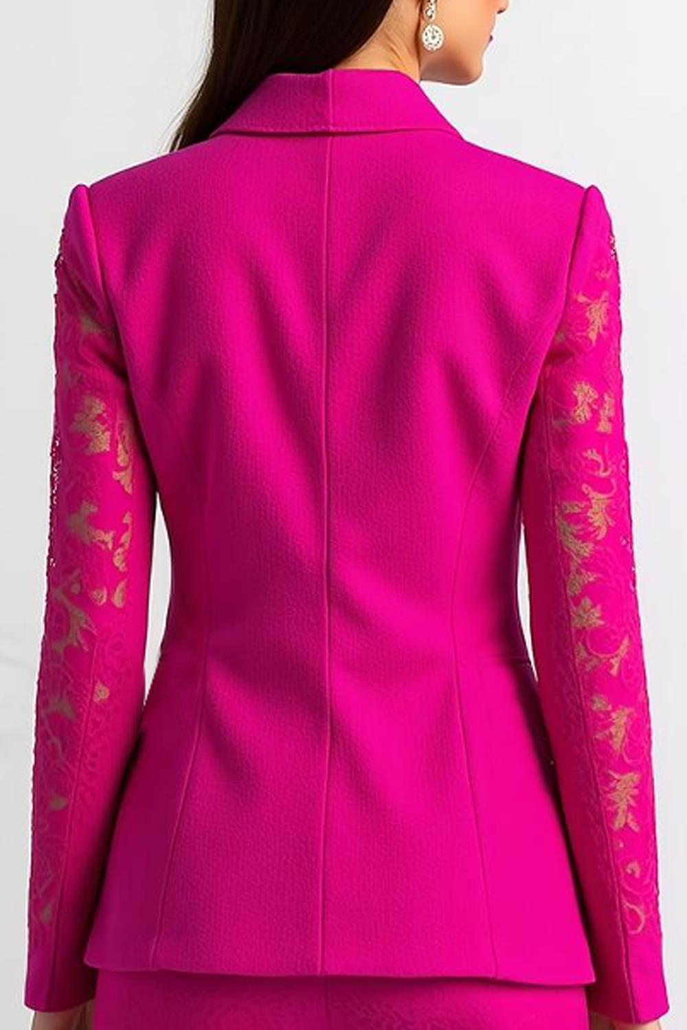 Fuchsia Lace Peak Lapel 2 Piece Fitted Prom Suits with Sleeves