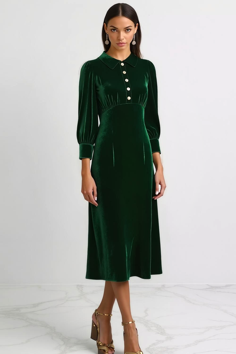 Dark Green Collar Neck Velvet Sheath Midi Holiday Party Dress