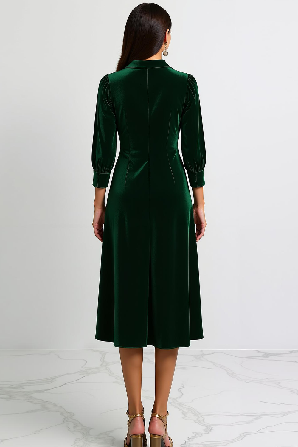 Dark Green Collar Neck Velvet Sheath Midi Holiday Party Dress