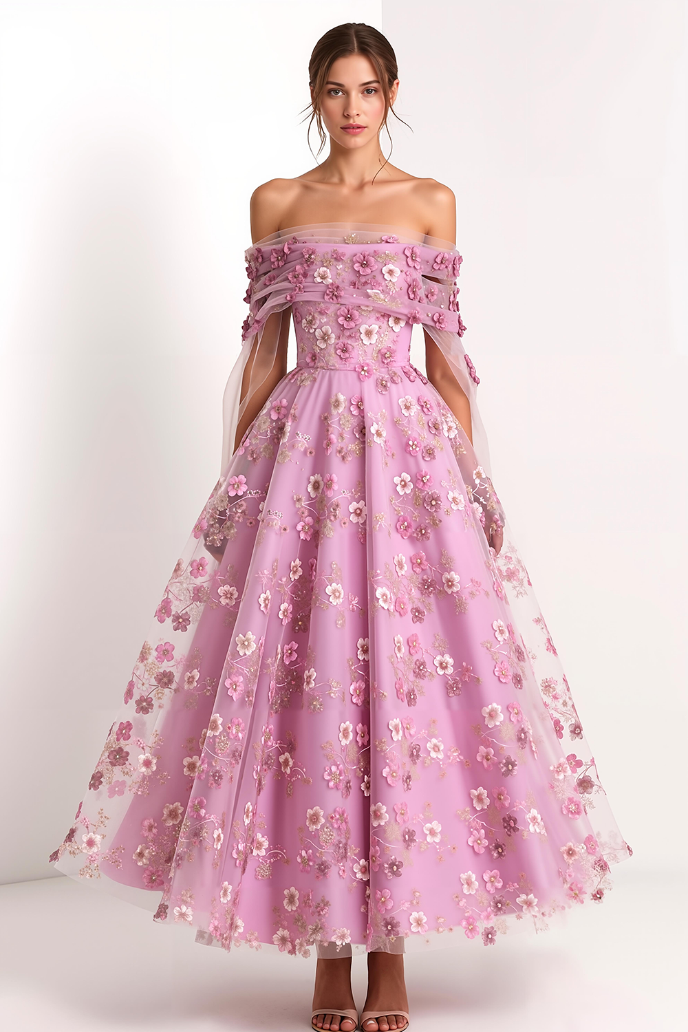 Leely Women Pink Floral Long Prom Dress with Applique A Line Strapless Birthday Dress