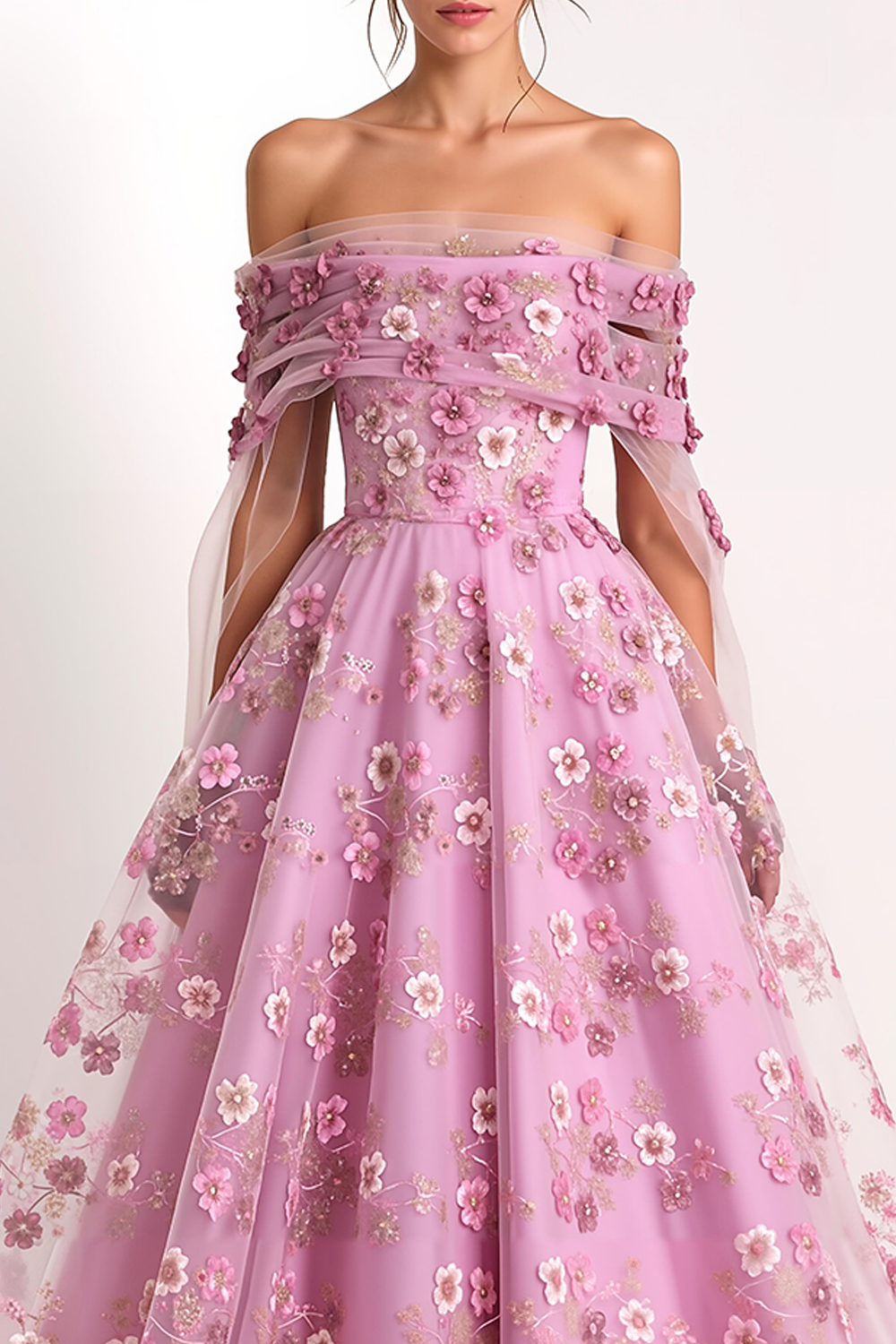 Pink Floral A Line Maxi Prom Dress with Applique