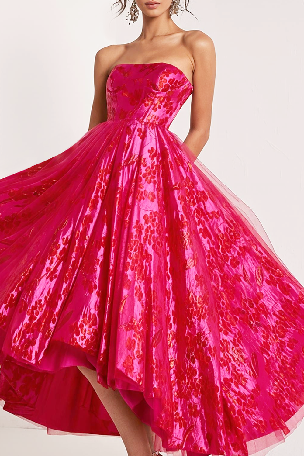 Fuchsia Floral Jacquard Strapless Long Prom Dress