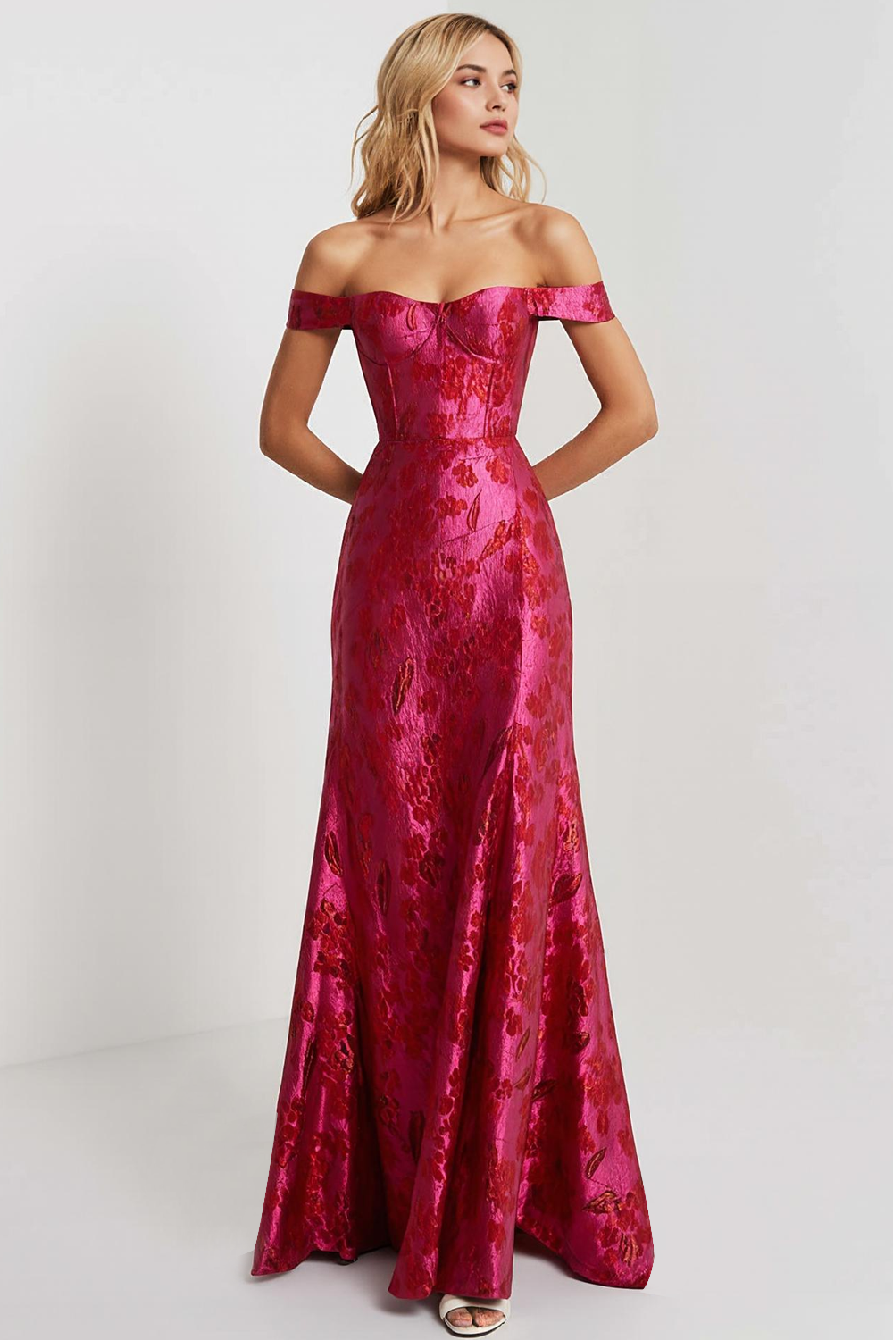 Leely Women Fuchsia Floral Maxi Prom Dress Mermaid Off the Shoulder Formal Dress