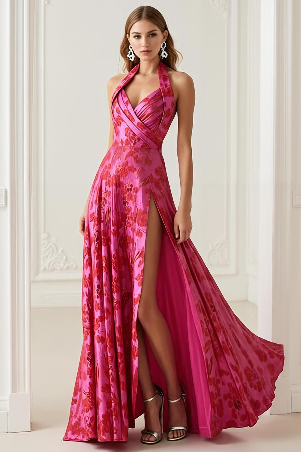 Fuchsia Floral A Line Haler Long Prom Dress with Slit