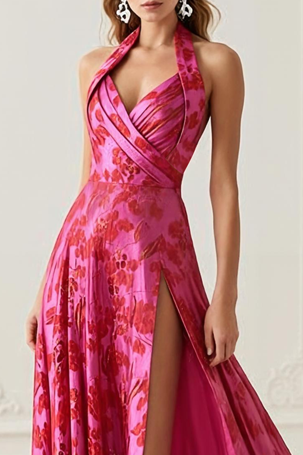 Fuchsia Floral A Line Haler Long Prom Dress with Slit