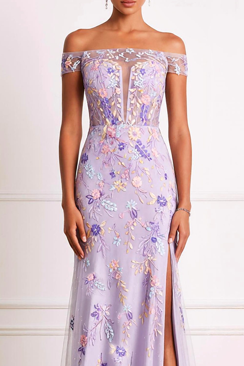 Lilac Sheath Off the Shoulder Floral Long Prom Dress with Slit