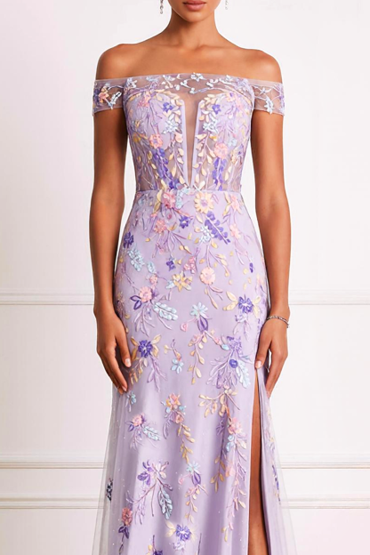 Lilac Sheath Off the Shoulder Floral Long Prom Dress with Slit