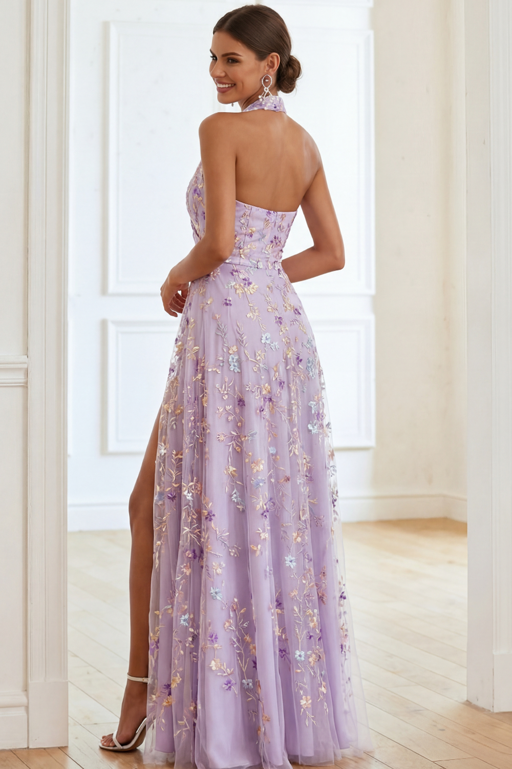 Lilac A Line Halter Floral Long Prom Dress with Slit