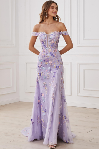 Leely Women Lilac Floral Long Prom Dress with Slit Off the Shoulder Mermaid Embroidered Formal Dress