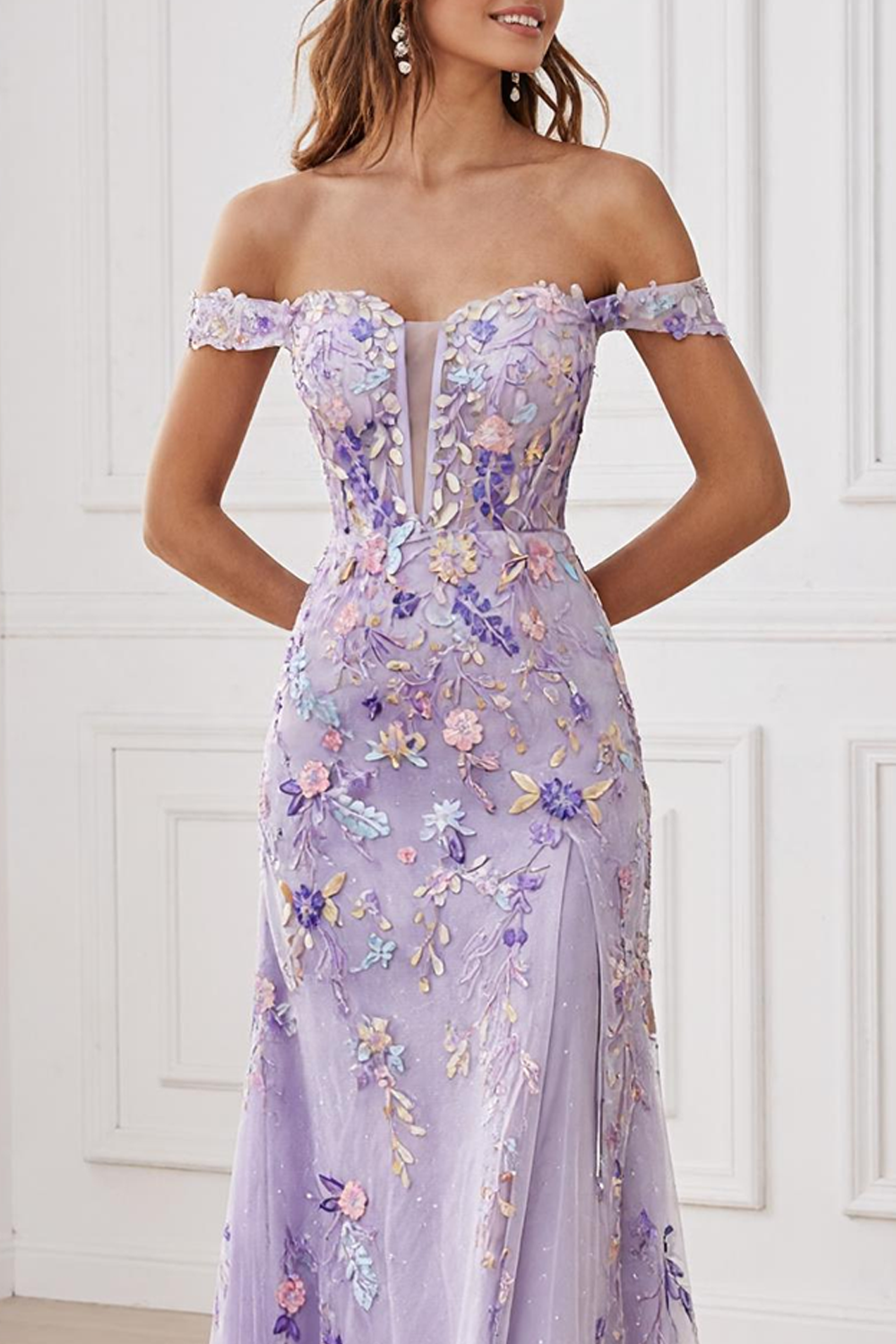 Lilac Floral Mermaid Off the Shoulder Long Prom Dress