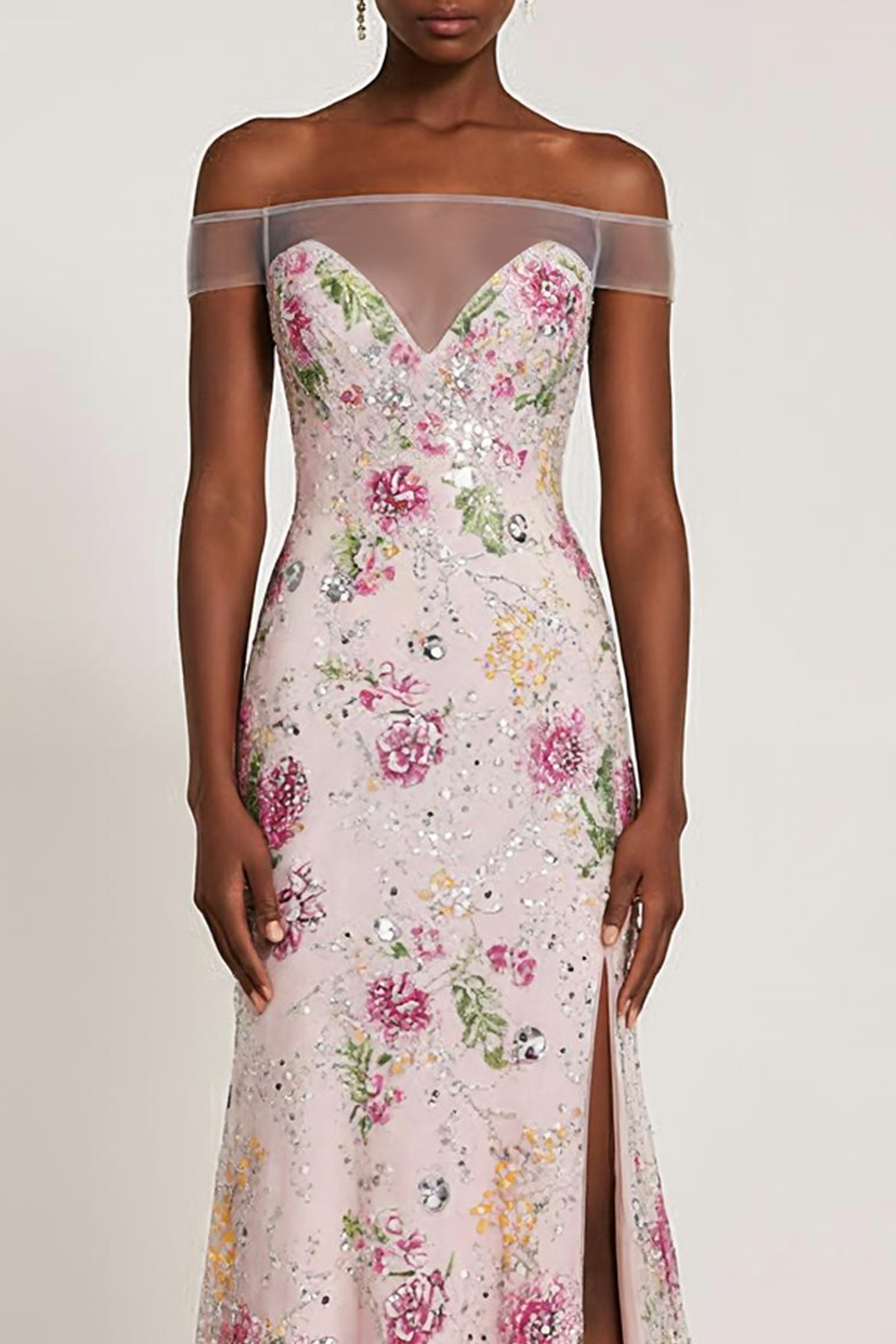 Sparkly Light Pink Floral Off the Shoulder  Long Prom Dress with Slit