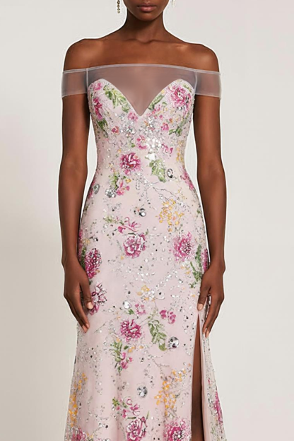 Sparkly Light Pink Floral Off the Shoulder  Long Prom Dress with Slit