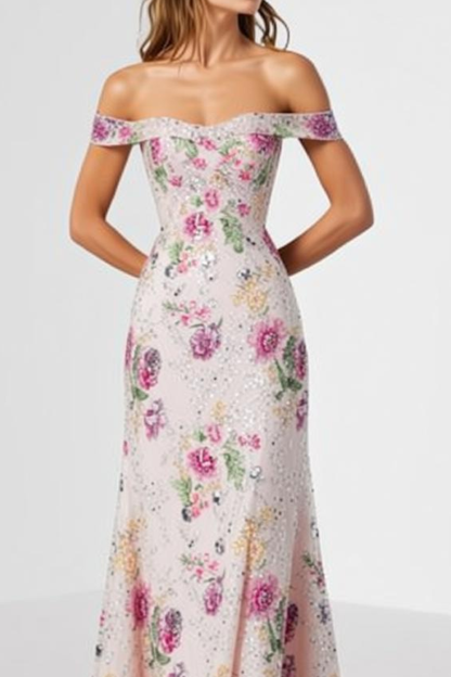 Sparkly Light Pink Off the Shoulder Floral Maxi Prom Dress