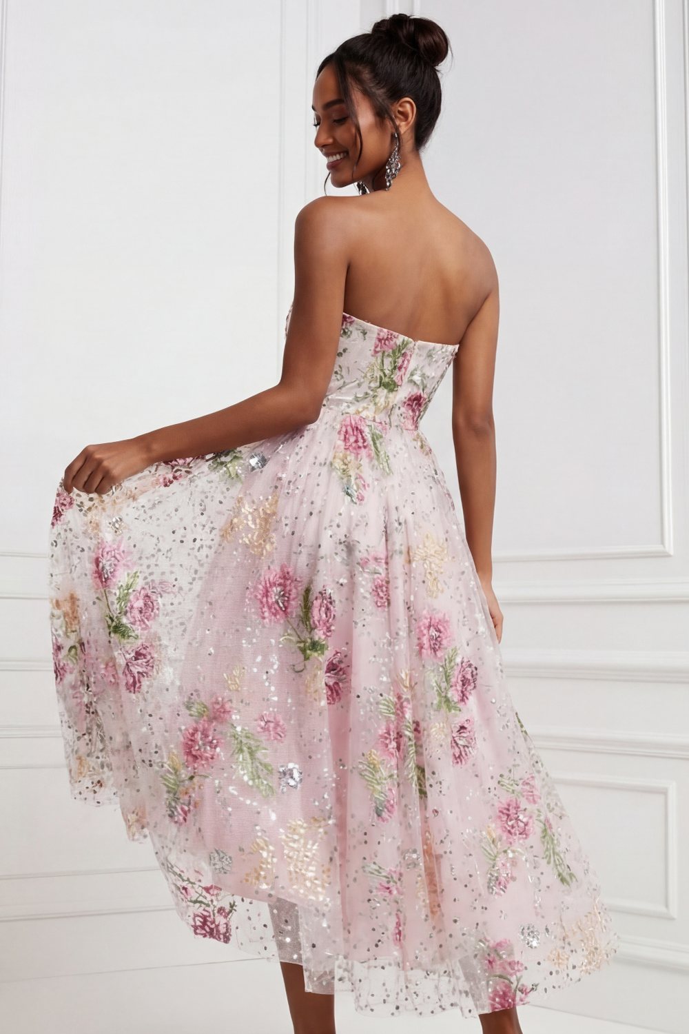Sparkly Light Pink Strapless Floral A Line Long Prom Dress