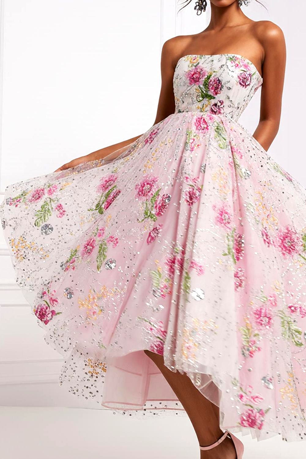 Sparkly Light Pink Strapless Floral A Line Long Prom Dress