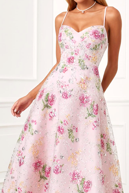 Sparkly Light Pink A Line Spaghetti Straps Long Floral Prom Dress
