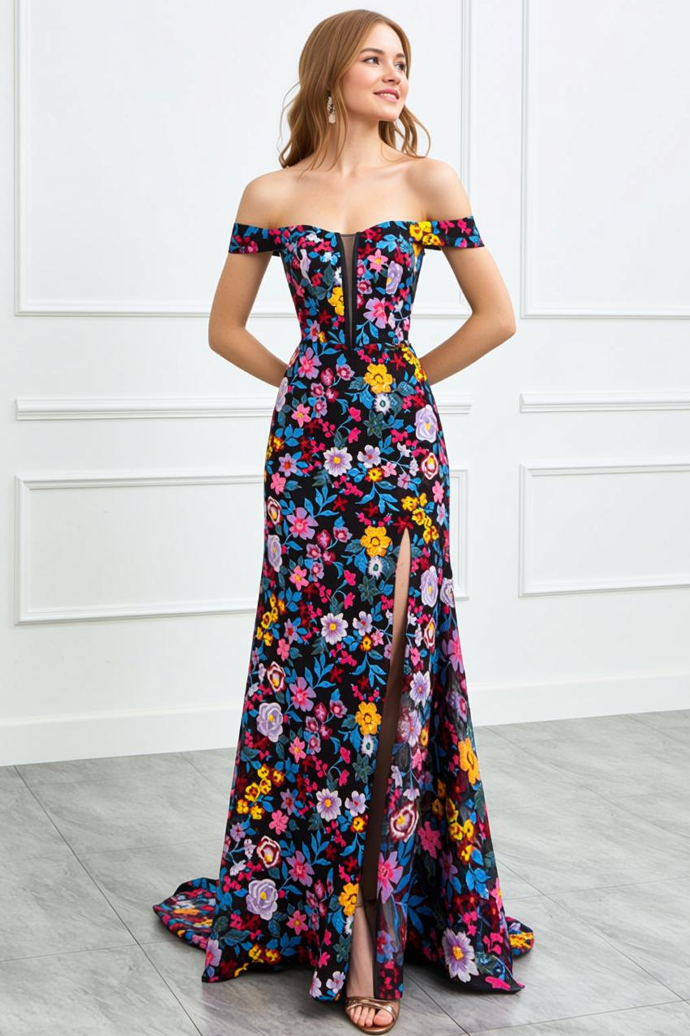 Leely Women Black Floral Mermaid Long Prom Dress Corset Embroidered Off the Shoulder Pageant Dress with Slit