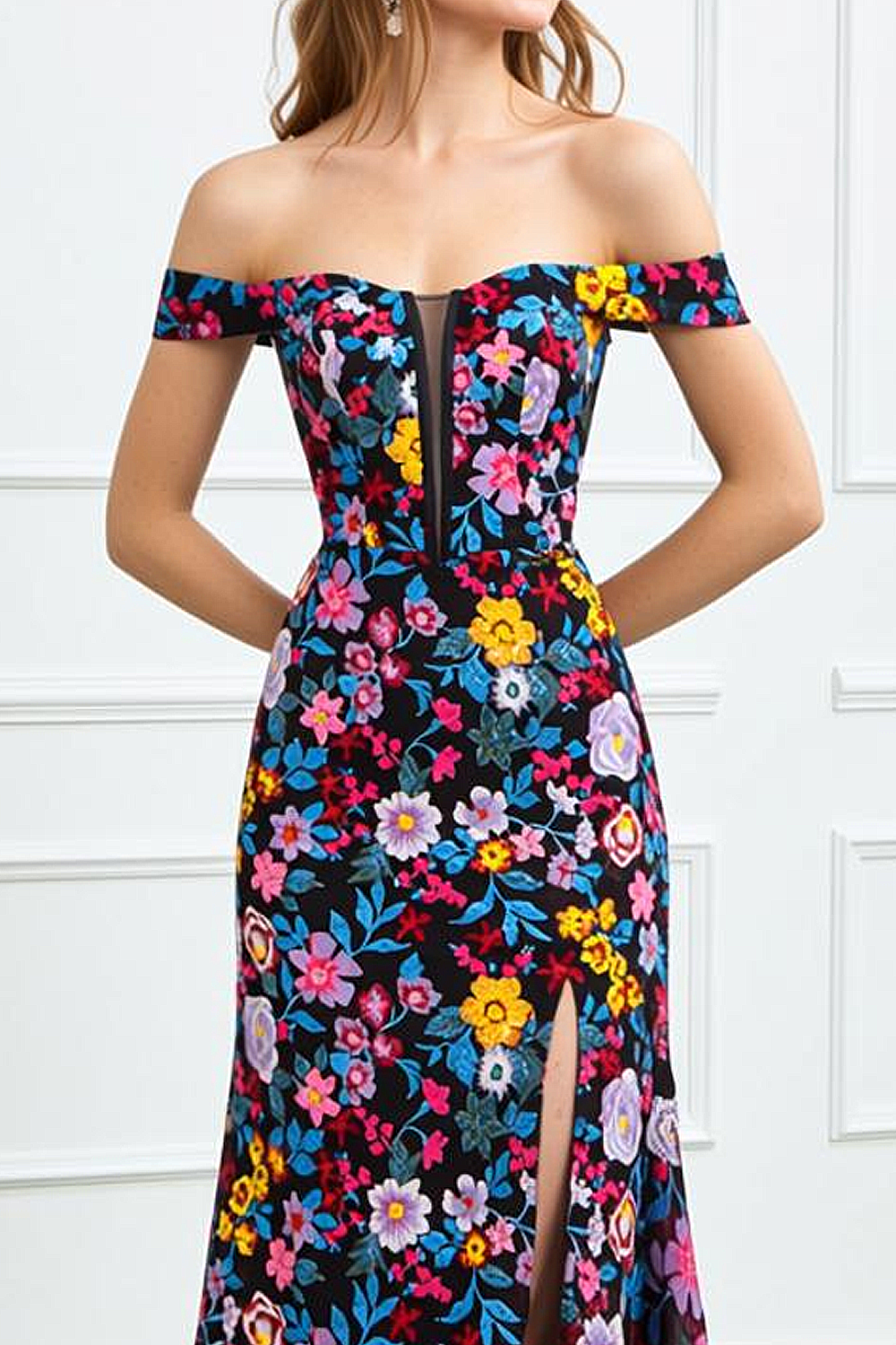 Black Floral Corset Embroidered Mermaid Long Prom Dress with Slit