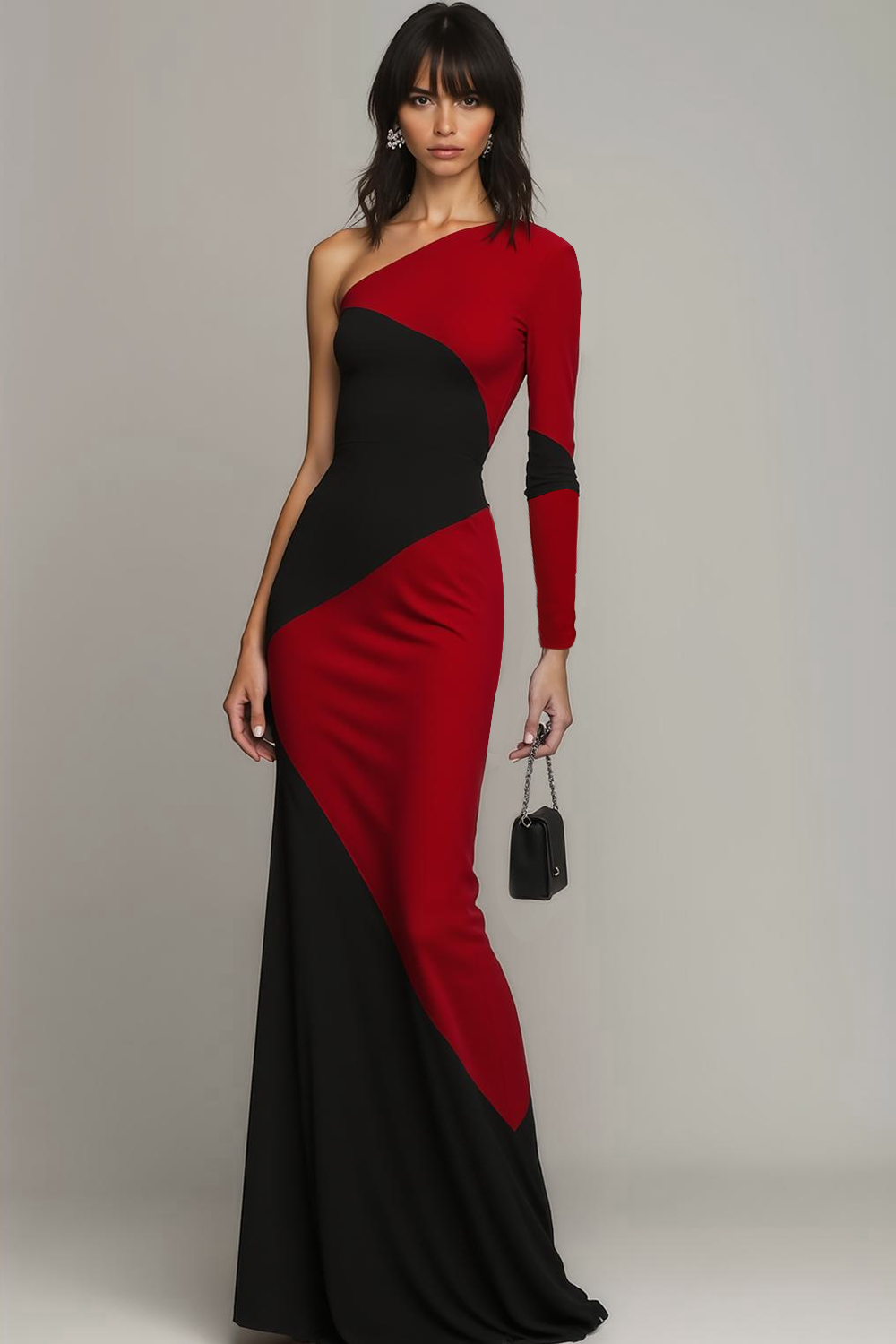 Leely Women Elegant Black Red Long Formal Dress One Shoulder Mermaid Evening Dress with Sleeves