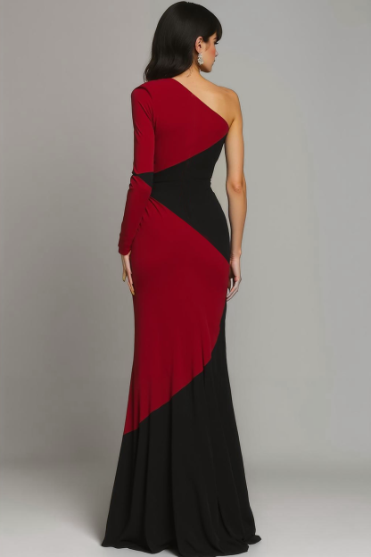 Elegant Black Red Mermaid One Shoulder Long Formal Dress