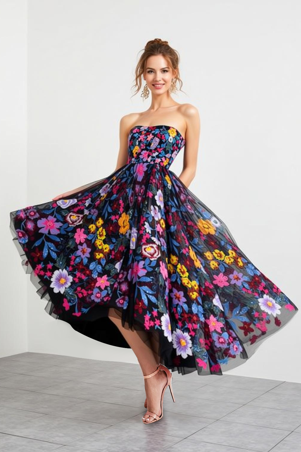Leely Women Black Floral Maxi Prom Dress Strapless A Line Gala Dress