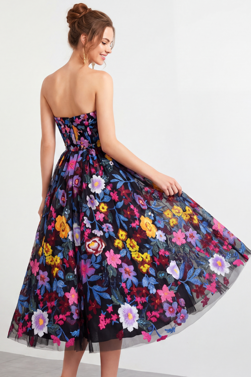 Black A Line Floral Strapless Maxi Prom Dress