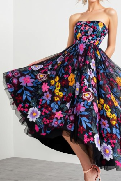 Black A Line Floral Strapless Maxi Prom Dress