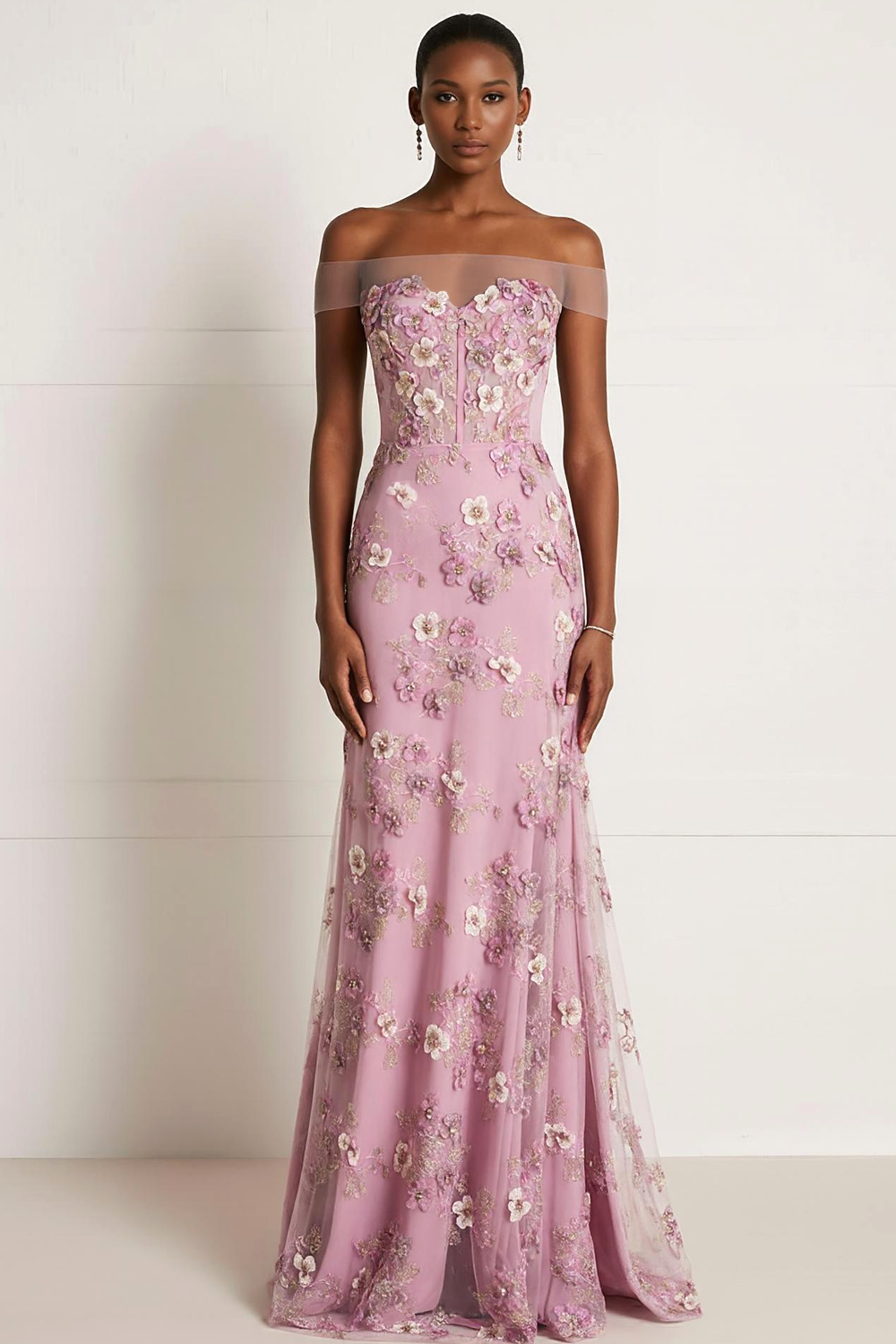 Pink Floral Off the Shoulder Appliqued Mermaid Long Prom Dress