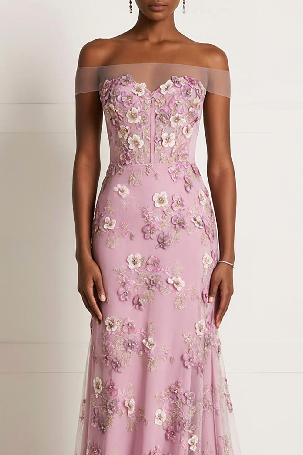 Pink Floral Off the Shoulder Appliqued Mermaid Long Prom Dress