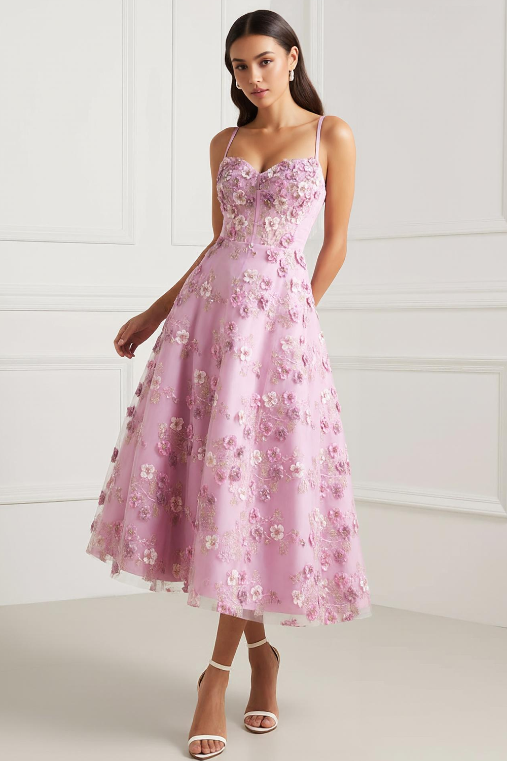 Pink Spaghetti Straps Appliqued Corset Floral Midi Prom Dress