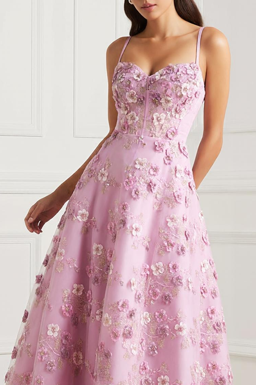 Pink Spaghetti Straps Appliqued Corset Floral Midi Prom Dress
