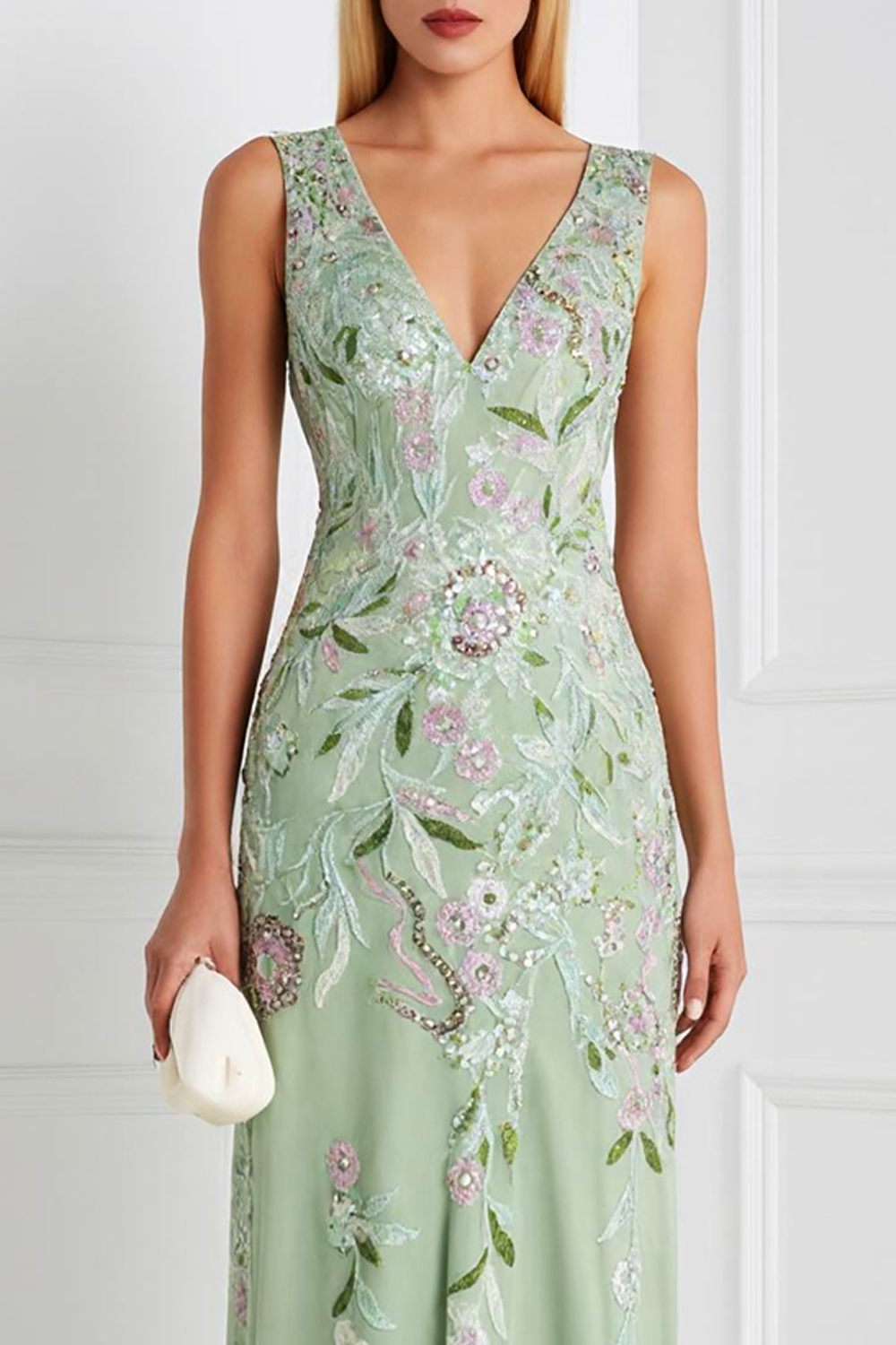 Light Green V Neck Appliqued Sheath Long Floral Prom Dress