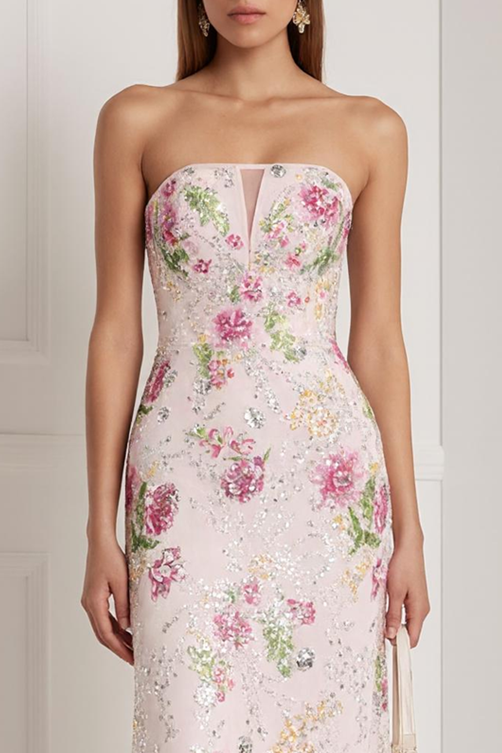 Sparkly Pink Floral Beaded Mermaid Strapless Long Prom Dress with Keyhole