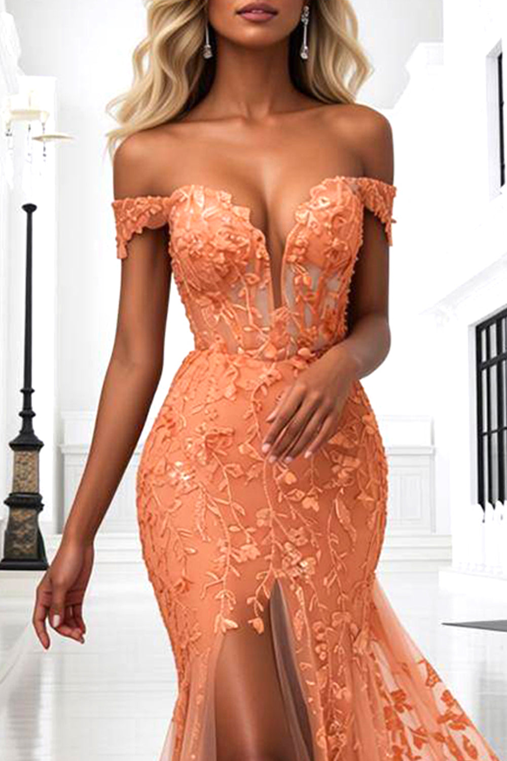 Orange Floral Mermaid Corset Long Prom Dress with Slit