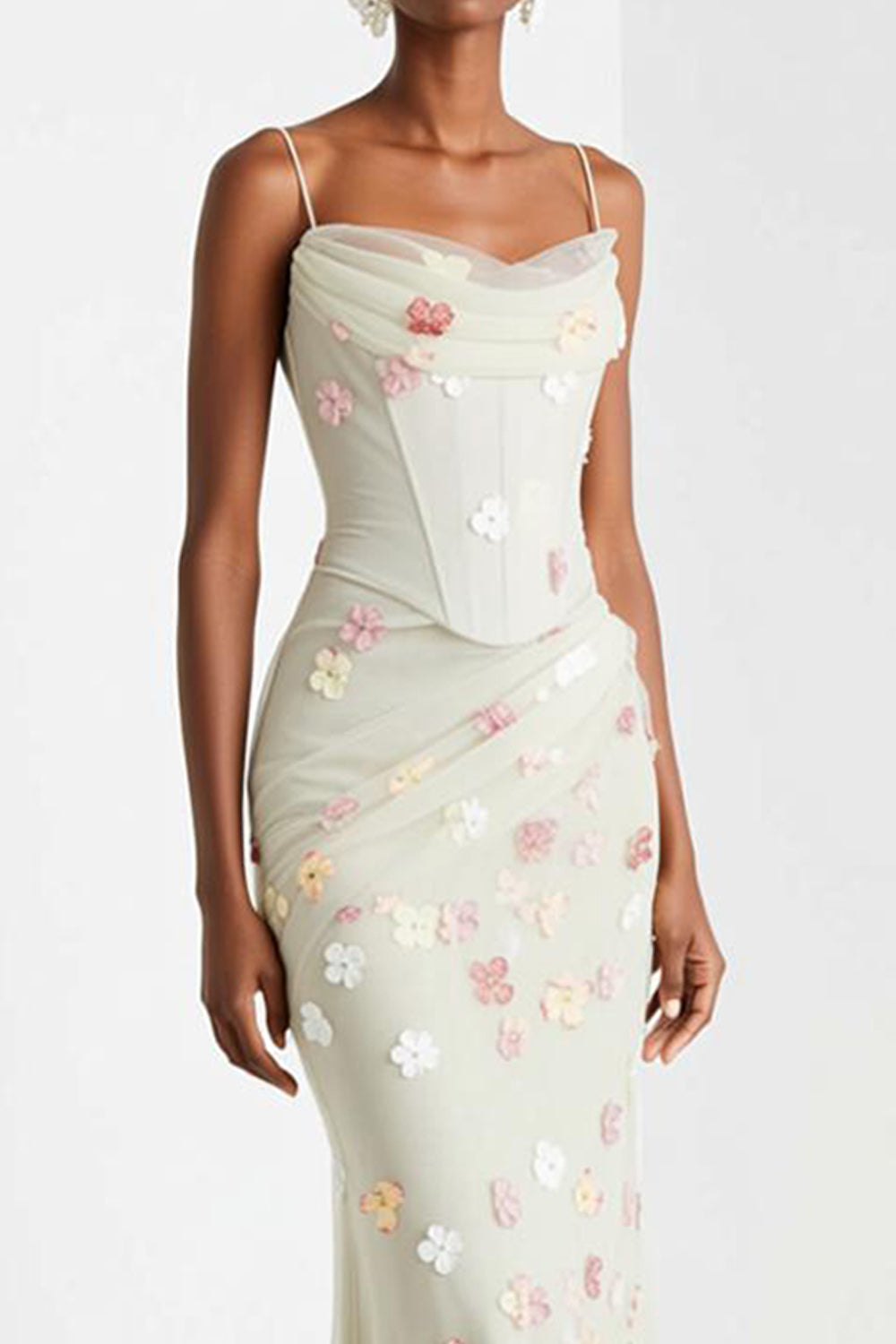 White Mermaid Corset Maxi Floral Prom Dress with Appliques