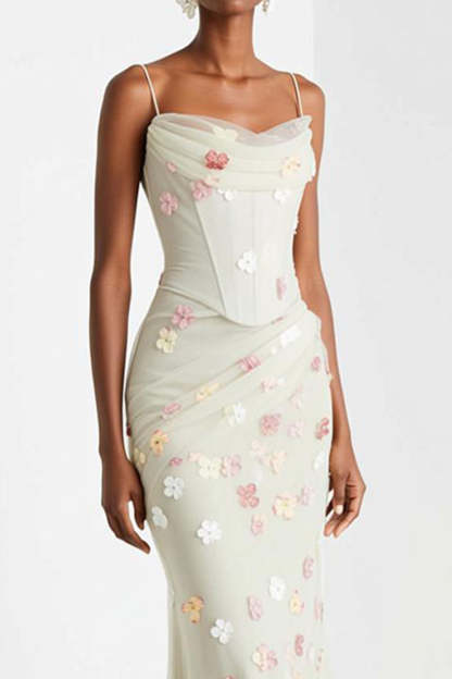 White Mermaid Corset Maxi Floral Prom Dress with Appliques