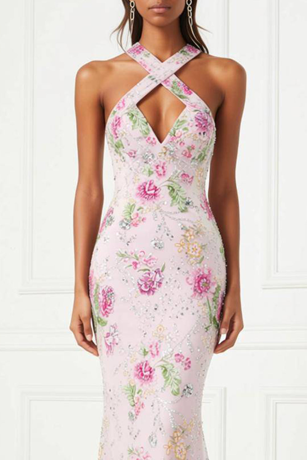 Sparkly Pink Mermaid Floral Long Prom Dress with Keyhole