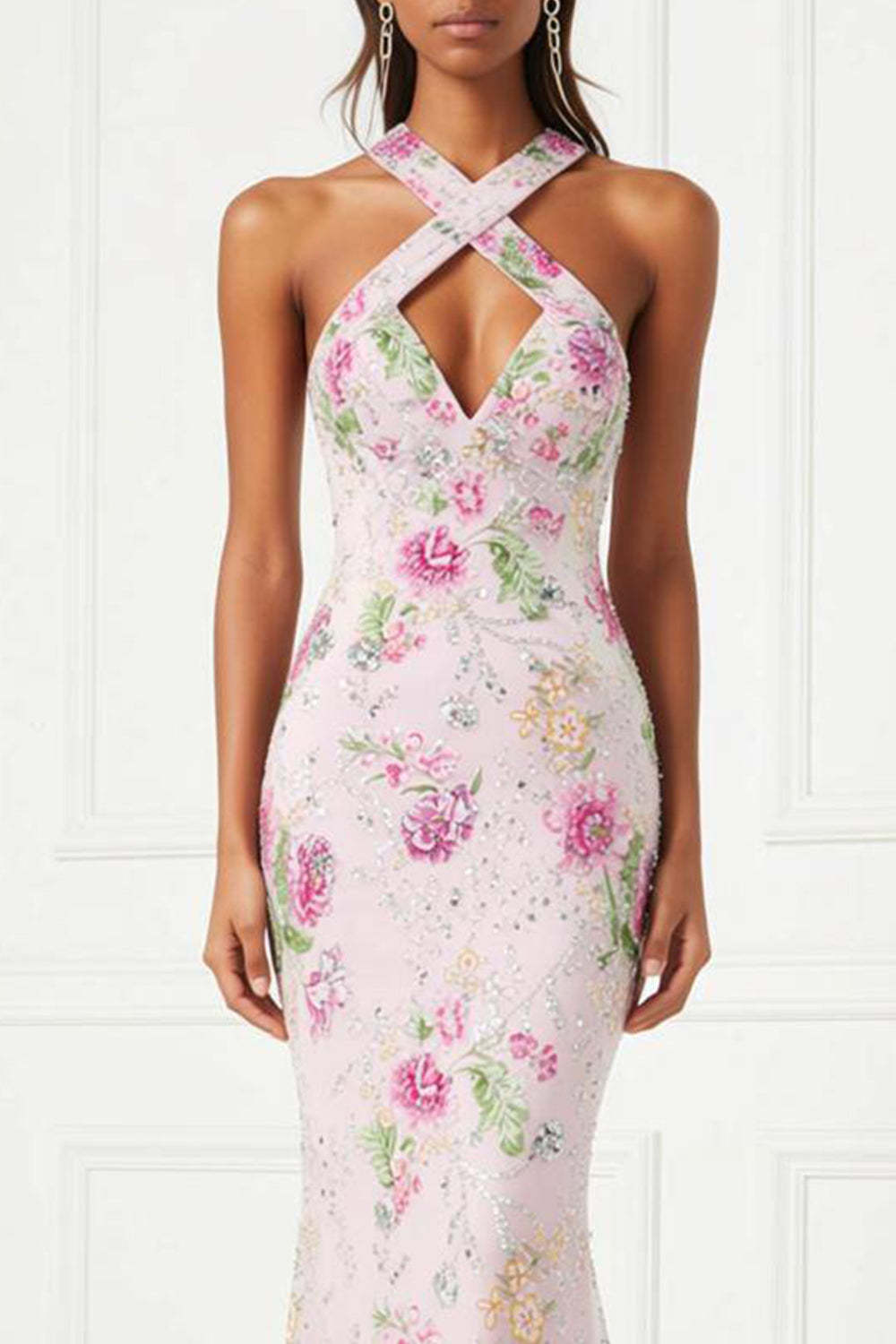 Sparkly Pink Mermaid Floral Long Prom Dress with Keyhole