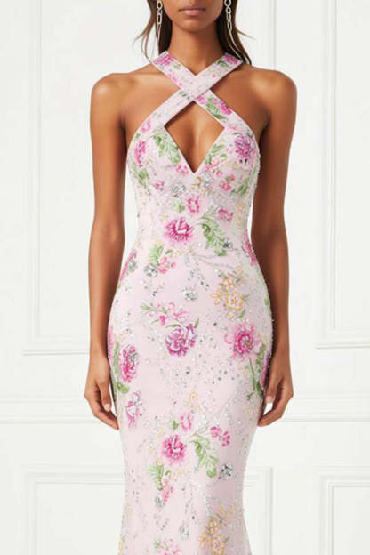 Sparkly Pink Mermaid Floral Long Prom Dress with Keyhole