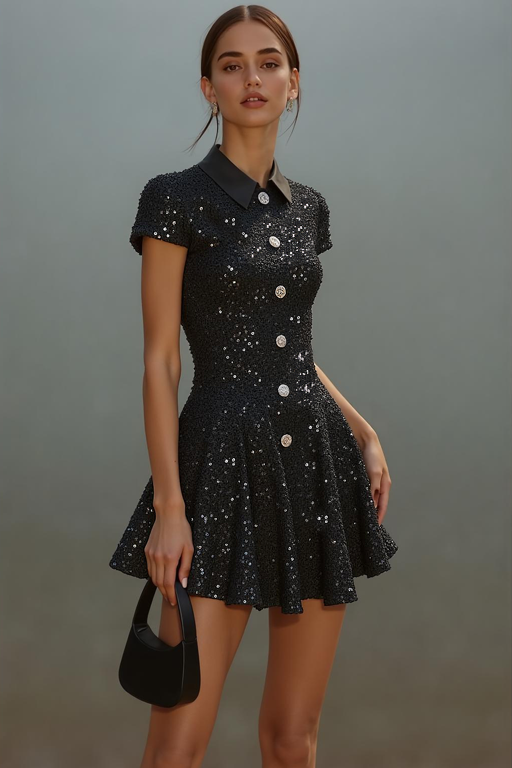 Sparkly Sequin Black A Line Neck Collar Short Cocktail Dress