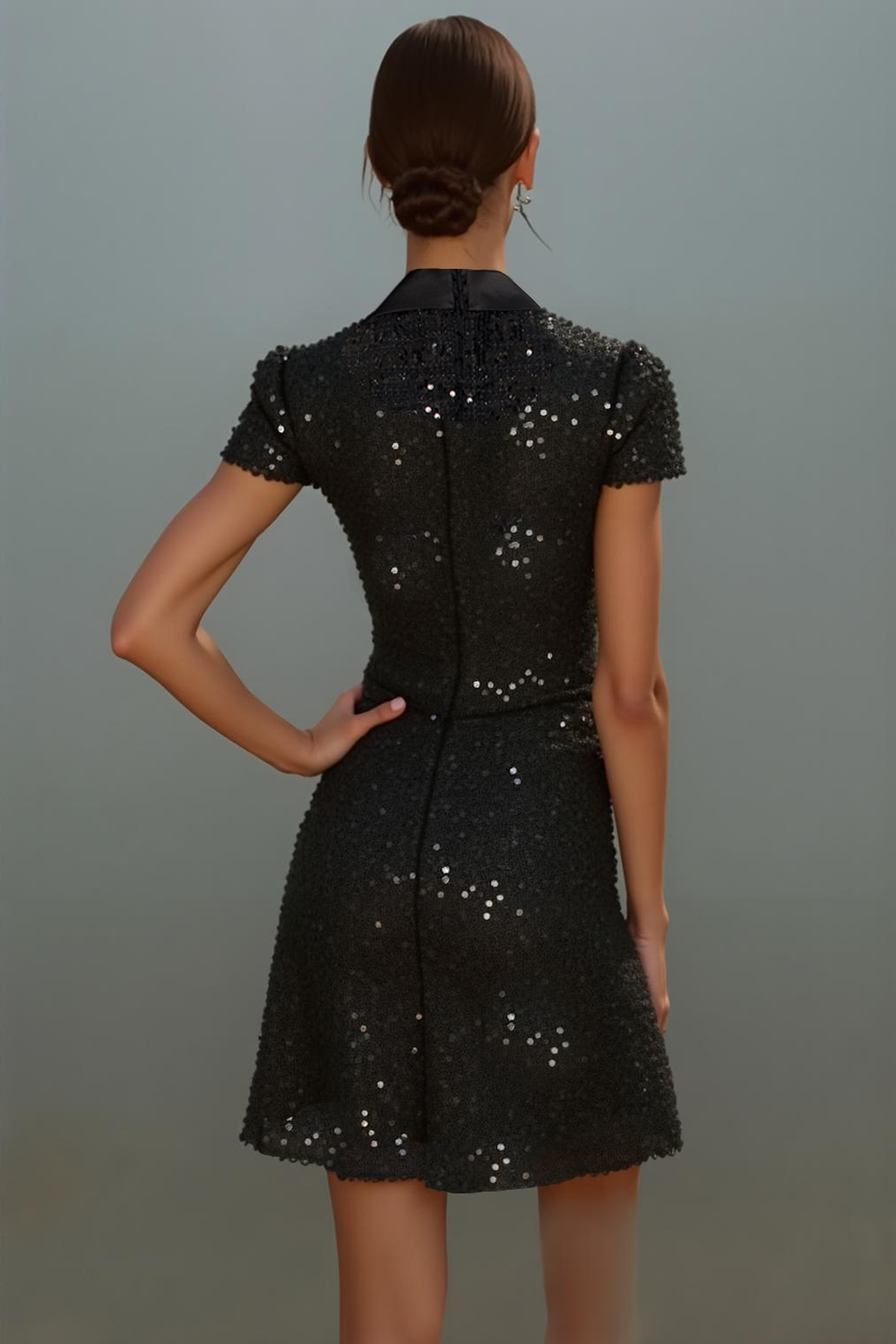 Sparkly Sequin Black A Line Neck Collar Short Cocktail Dress
